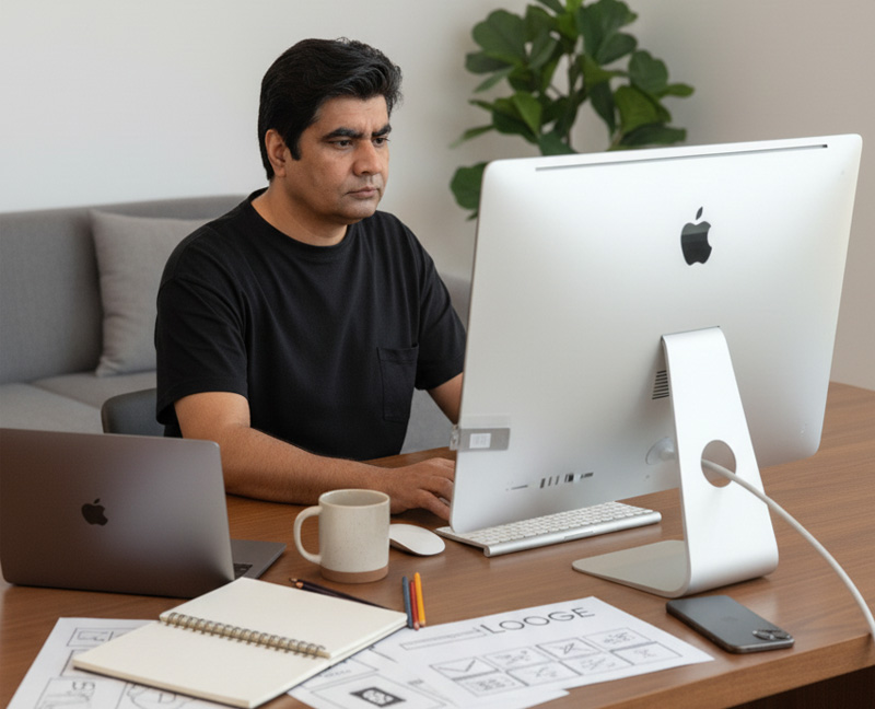 Freelance Web Designer in Dubai, working on laptop